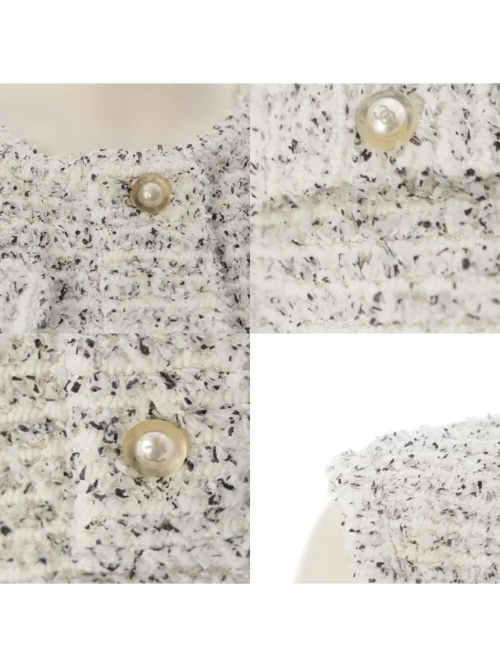 Chanel Tweed CC Logo Pearl Clear Button Sleeveless Fitted Dress White 36